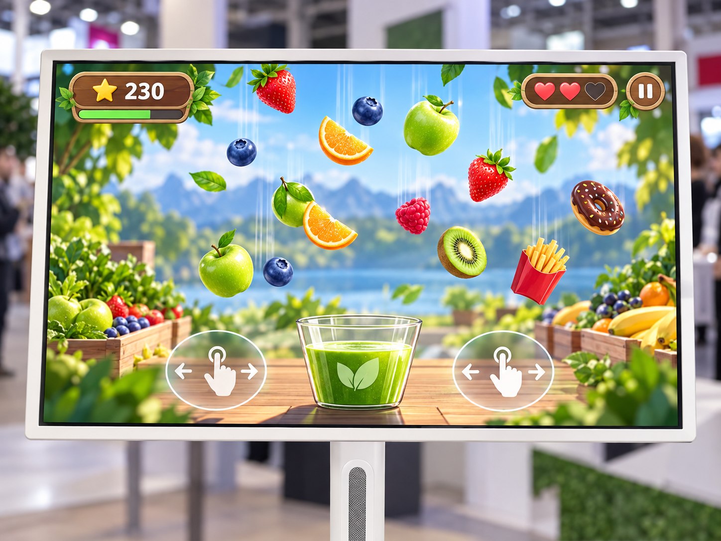 Игра «Лови предметы» с фруктами на экране стойки