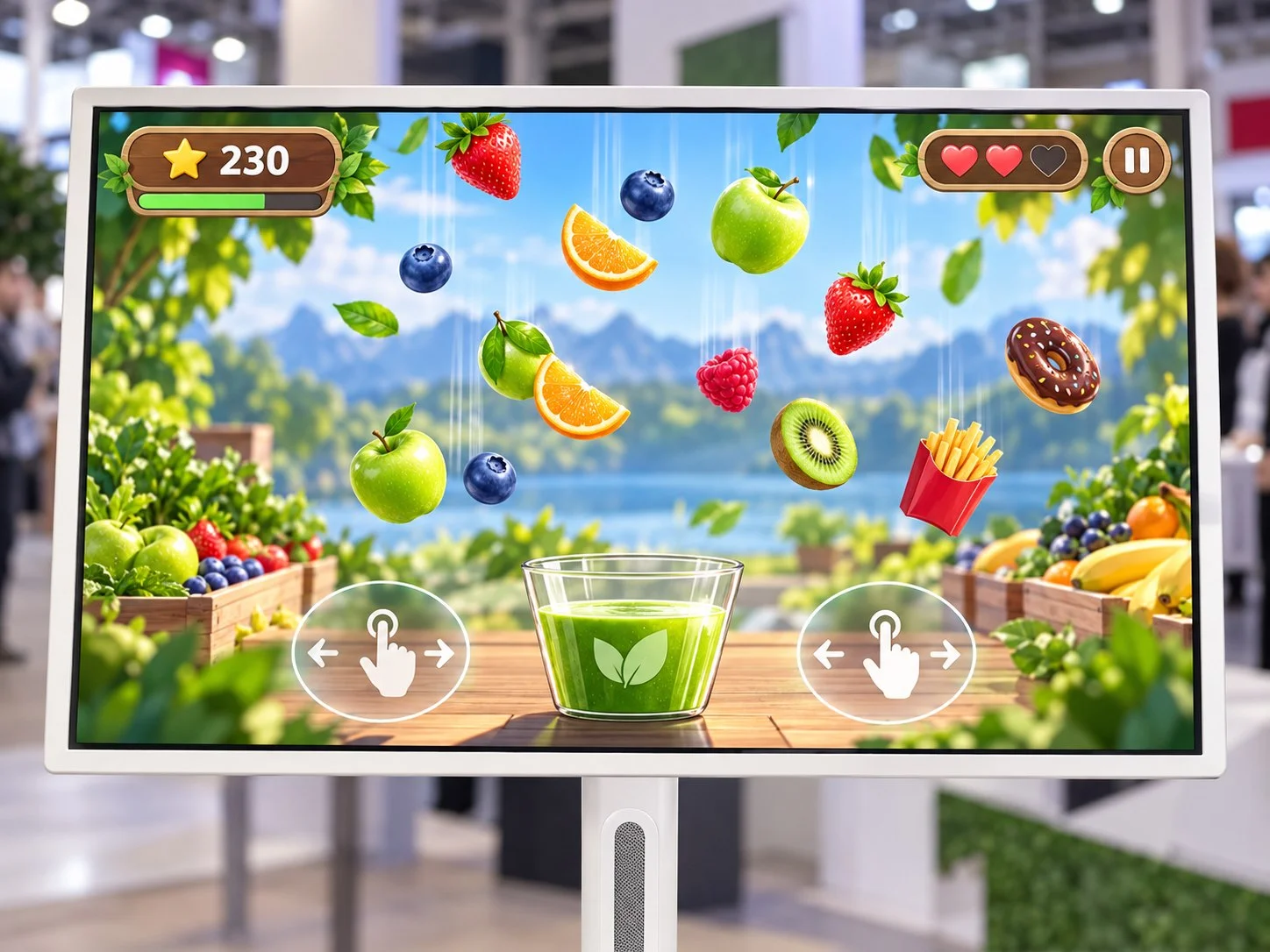 Игра «Лови предметы» с фруктами на экране стойки