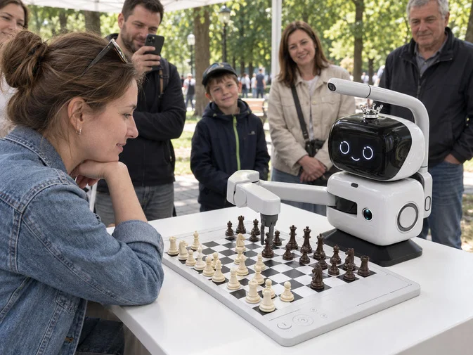 Робот-шахматист на уличной промоакции: участница играет напротив, посетители наблюдают сбоку